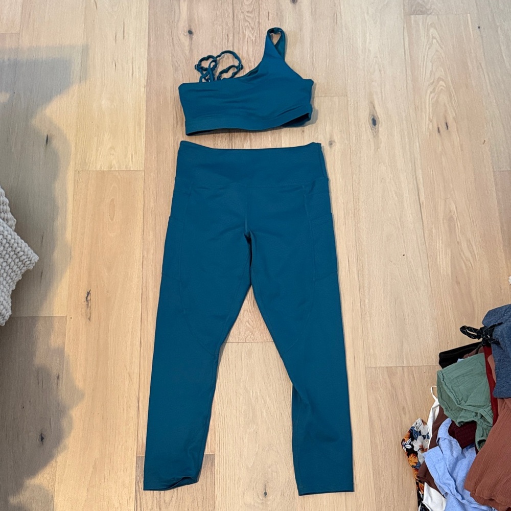 ZYIA Teal Blue High-Waist Leggings & One-Shoulder Sports Bra Set